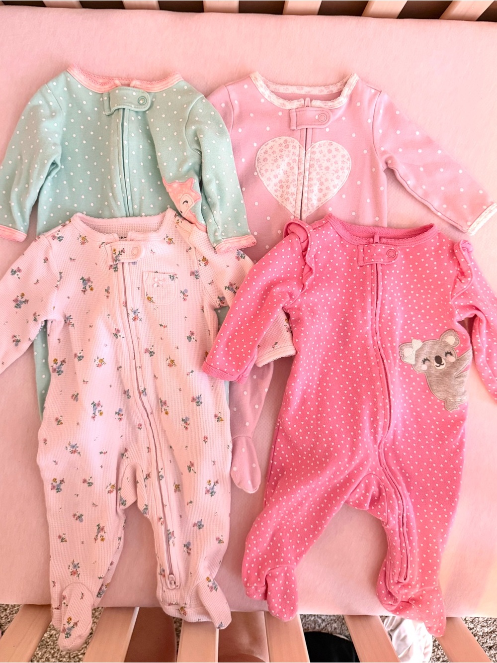 Carter’s Baby Girl Pink/Aqua One-Piece Sleeper BUNDLE of 4- pajama onesies- EUC